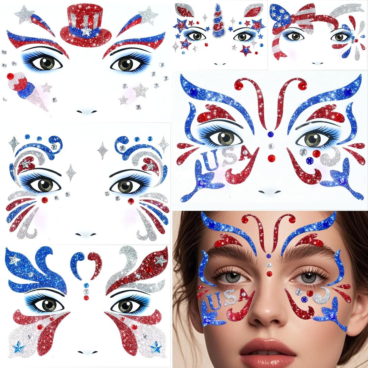 6Pcs Independence Day Temporary Tattoos, Patriotic Glitter Face Stickers